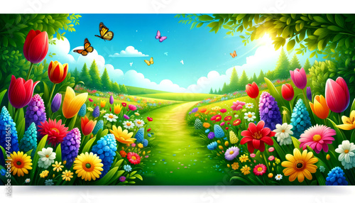 spring landscape with flowers and butterflies, an enchanting spring garden path, bursting with a colorful array of flowers and flittering butterflies under a clear blue sky photo