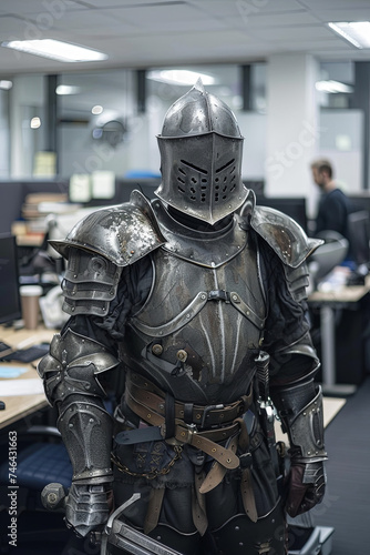 A man dresses up as a knight in an office