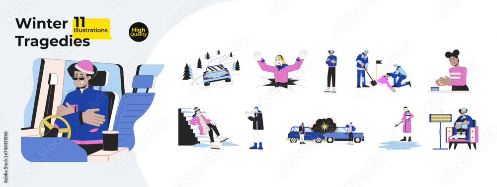 Winter hazards line cartoon flat illustration bundle. Freezing 2D lineart characters isolated on white background. Danger on road, avalanche, cold weather injuries vector color image collection