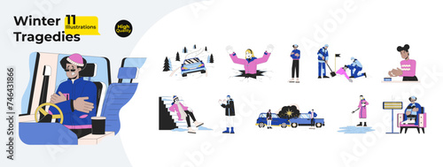 Fototapeta Naklejka Na Ścianę i Meble -  Winter hazards line cartoon flat illustration bundle. Freezing 2D lineart characters isolated on white background. Danger on road, avalanche, cold weather injuries vector color image collection