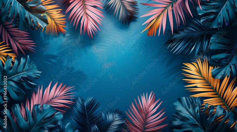 Aerial Summer Serenade: 3D Rendered Top-View of a Vibrant Blue Background, Inviting Relaxation with Coastal Tranquility, Sunlit Waves, and Tropical Paradise Panorama 