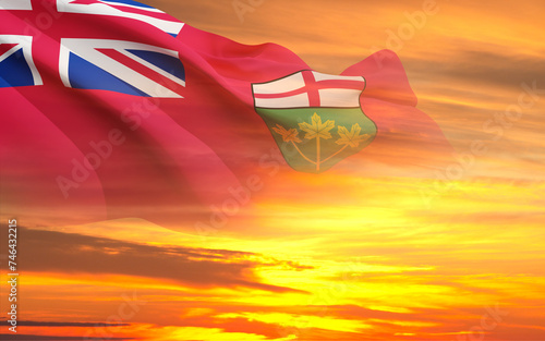 Photography Flag of Ontario against the sunset. Province of Canada