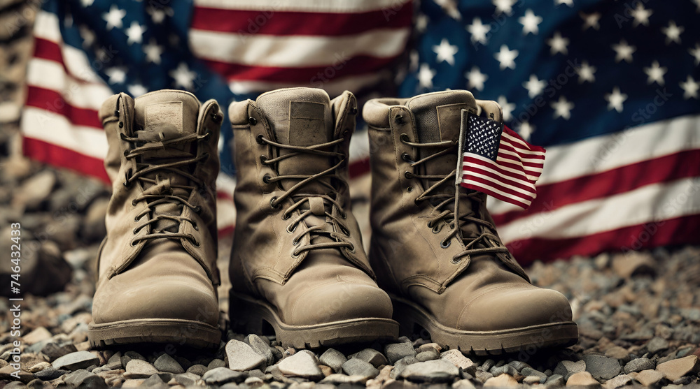 Old military combat boots with dog tags and two small American flags ...