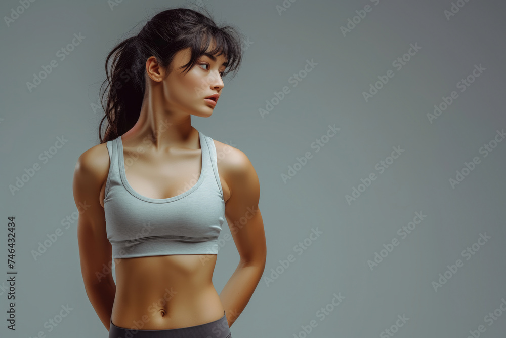 Obraz premium Focused fitness woman in activewear looking to the side with determination.