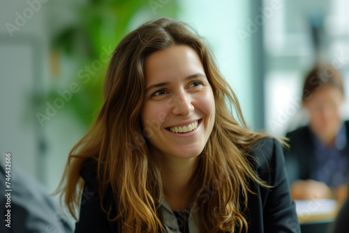 A jovial young businesswoman with sunlit hair shares a hearty laugh, bringing a touch of warmth and positivity to the office atmosphere.