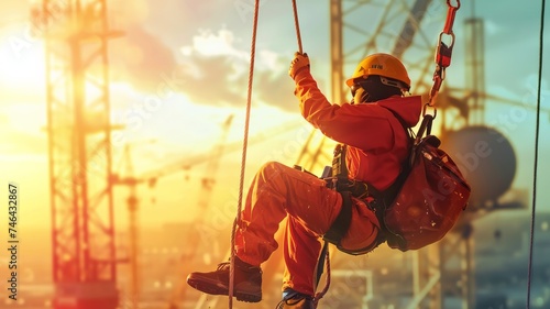 Work at height. Rappellers wear personal protective equipment (PPE) and fall protection equipment hanging from pipes to perform painting activities.