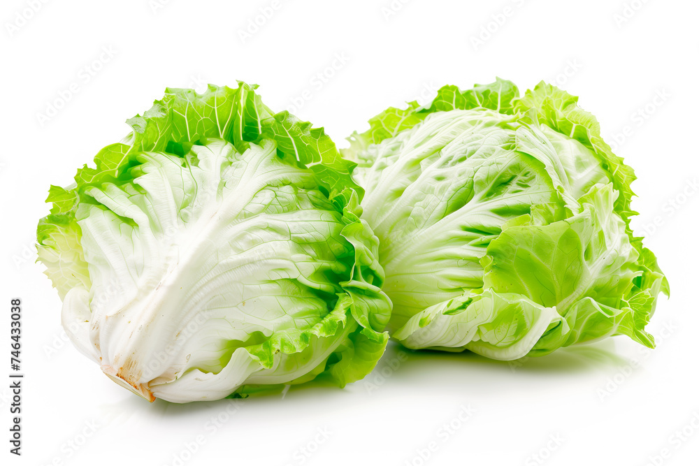 Crisphead, or iceberg lettuce isolated on white background. Fresh green salad leaves from garden - obrazy, fototapety, plakaty 