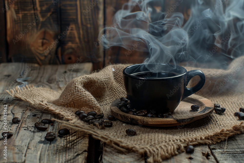 Black Cup of Coffee with Smoke and Coffee Beans on Burlap Sack on Wooden Background