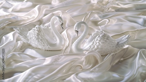 A pair of graceful swans, their elegant forms captured in shimmering silver filigree, glide across a tranquil pond of ivory silk, photo