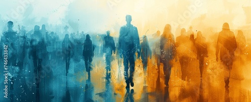 Silhouettes of People in a Warm Abstract Setting Blue yellow color