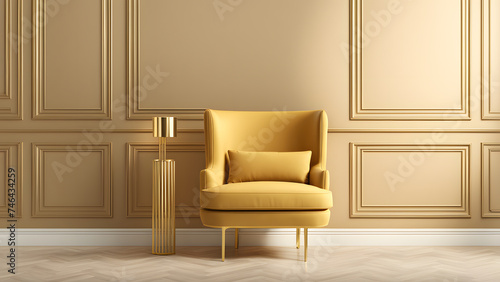 Modern Armchair. Front View in 3D  Rendered Against Luxurious Gold Pastel. Enhancing Interior Decor  Perfect for Home Furniture