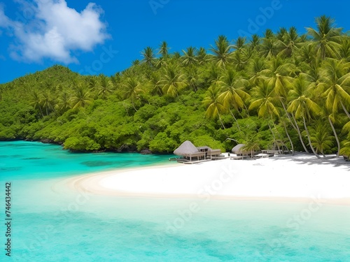 Remote island with pristine beach, turquoise waters, and lush vegetation