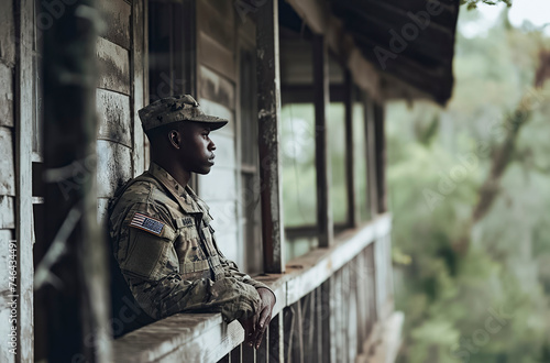 black man in military attire sits contemplatively on a wooden porch, surrounded by lush greenery