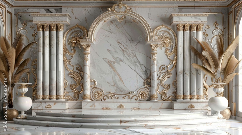 Fototapeta premium Opulent Reverie: 3D Rendered Symphony of Royal Elegance in Marble Podium with Majestic Aesthetic Stage, Weaving a Dreamscape of Grand Celebration and Timeless Luxury 