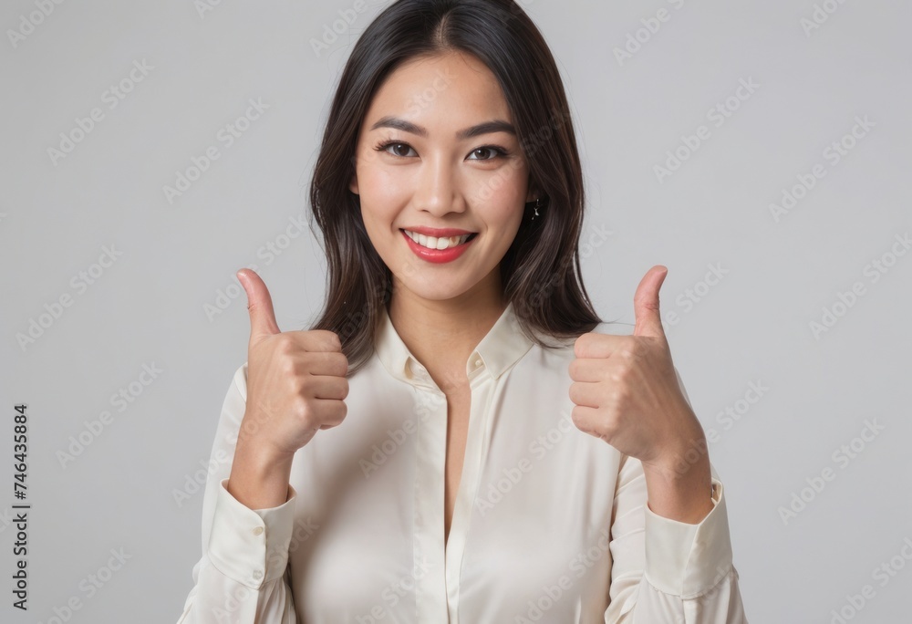 A cheerful young woman giving two thumbs up. She exudes confidence and positivity. A cheerful young woman giving two thumbs up. She exudes confidence and positivity.