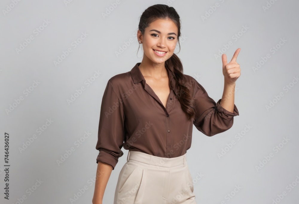 A young woman smiling and pointing upwards. She looks friendly and approachable. A young woman smiling and pointing upwards. She looks friendly and approachable.