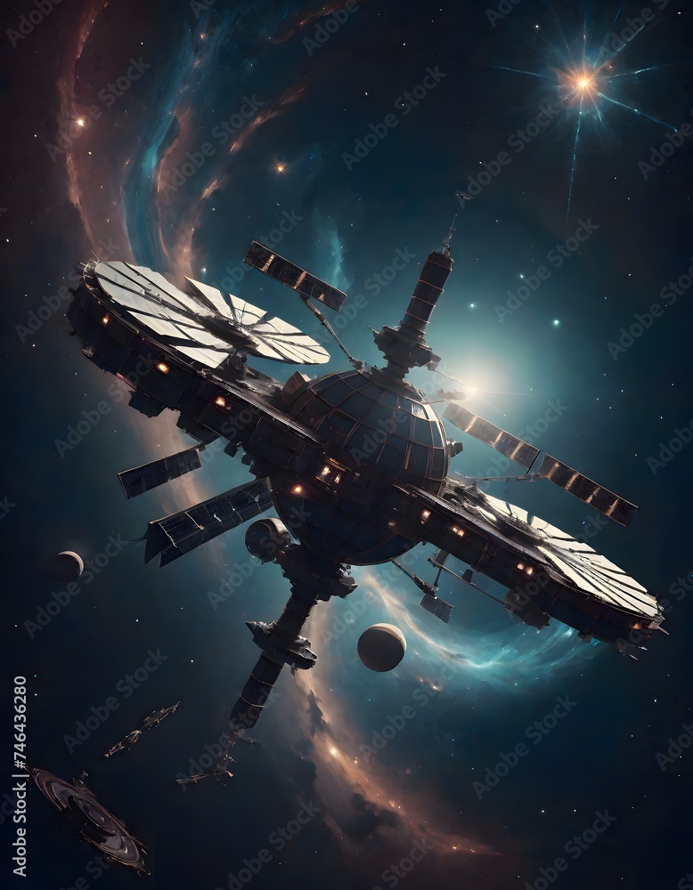 Orbiting Space Station Illuminated by Lights Against a Starry Backdrop, Generative AI Orbiting Space Station Illuminated by Lights Against a Starry Backdrop, Generative AI