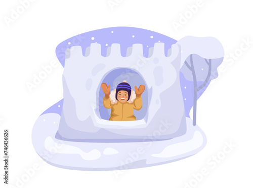 Child making snow castle, funny winter leisure, holiday activity, cartoon design, children play wintertime game creating fort with tower at public park. Vector illustration