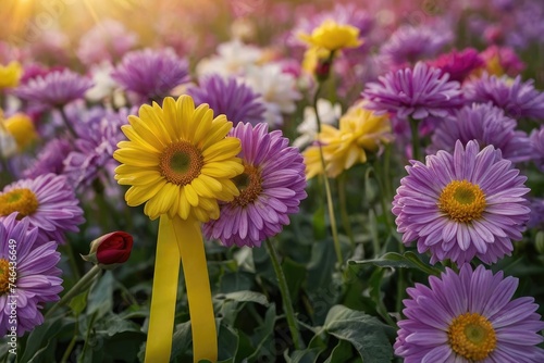a field of purple and yellow flowers with a yellow ribbon symbolizing world cancer day  purple and yellow  beautiful flowers  field of mixed flowers  field of flowers background 