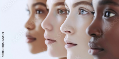 Closeup of four beauty models with diverse skin tones of white, black and pale shades and glowing young skin for commercial campaigns for female skin makeup products salon , International Womens day 
