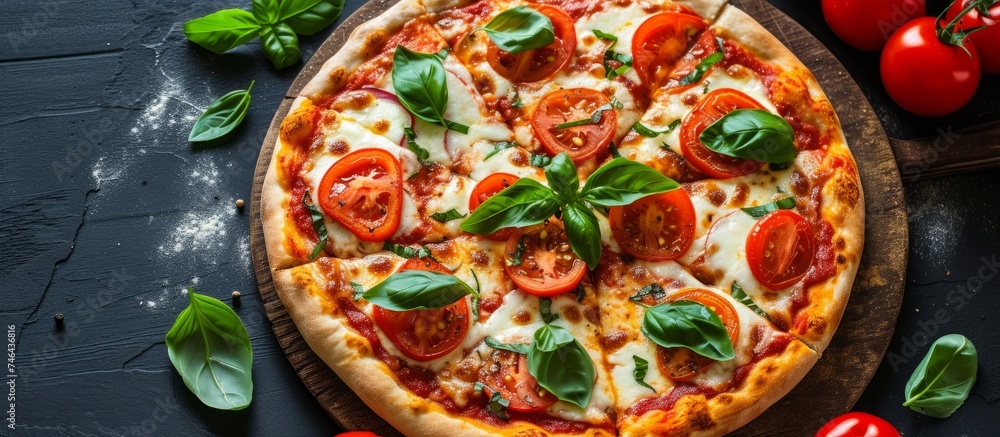 Delicious freshly baked pizza topped with ripe tomatoes and fresh basil leaves on a rustic wooden board