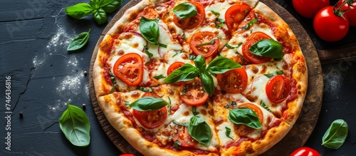 Delicious freshly baked pizza topped with ripe tomatoes and fresh basil leaves on a rustic wooden board