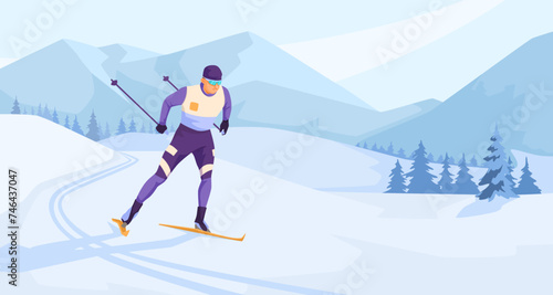 Sportsman wearing warm sport suit and goggles skiing on ski track. Picturesque landscape view. Snowy mountain in the background. Winter resort outdoor activity. Healthy lifestyle. Vector illustration