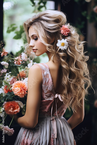 back of beautiful woman bride blonde with a bridal hairstyle with flowers in hair on wedding day © alexkoral