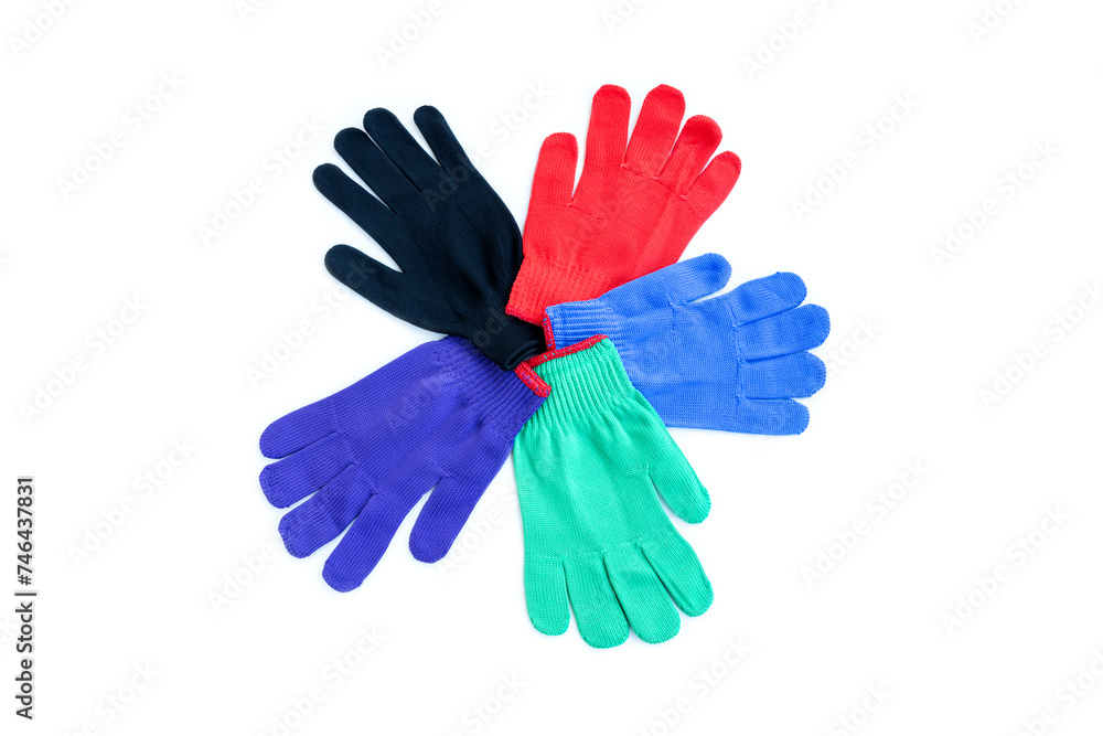 Obraz premium Multicolored fabric gloves isolated on white background, Fabric cotton gloves