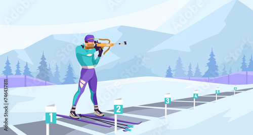 Winter sports. Sportsman in purple uniform training before biathlon competition on outdoor snow track. Standing shooting position. Concept of hard work to win award. Vector illustration.