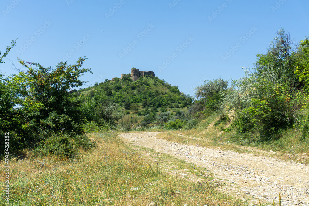 A dirt road leads to the ruins of medieval fortress on the hill. Bushes and fields around. Blue bright sky.