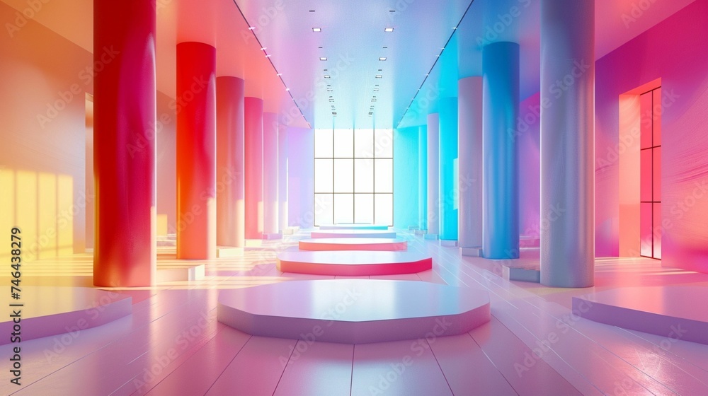 Chromatic Fusion Unleashed: A Captivating 3D Rendering Showcasing Modern Multi-Color Exhibition Stands Hovering Over a Cutting-Edge Concept, Creating an Extravaganza of Contemporary Design Brilliance