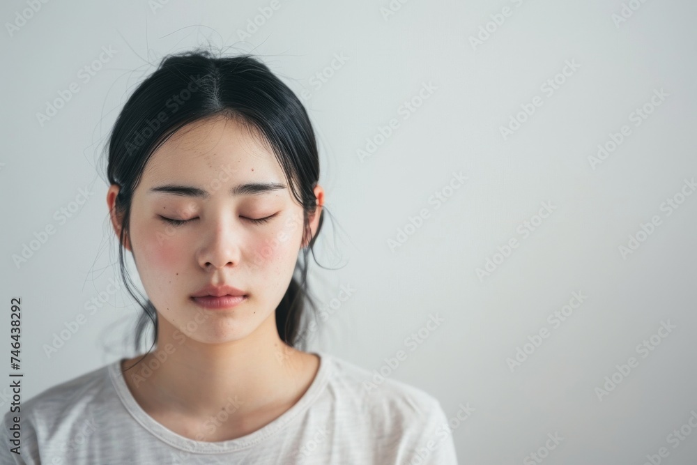 白い部屋の中で瞑想をする若い日本人女性(ストレス解消・ヨガ・精神統一・集中) 白い部屋の中で瞑想をする若い日本人女性(ストレス解消・ヨガ・精神統一・集中)