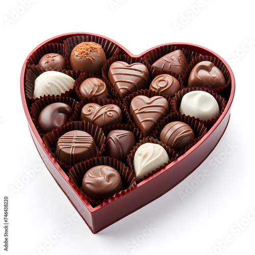 Heart shaped box with delicious chocolate candies isolated on white background