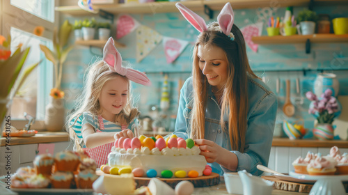 Mum and daughter in the kitchen preparing for the Easter holiday make Easter cake and paint eggs © Alina Zavhorodnii