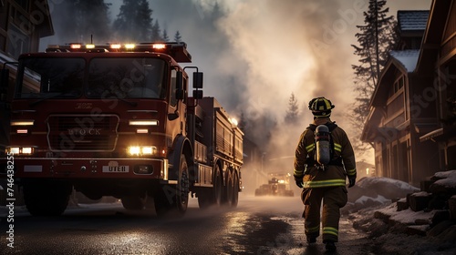Scene of firefighter and firetruck Generative AI