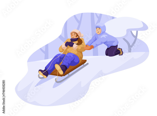 Children sliding on sledge from snowy hill. Cute cartoon design, winter sport activity, happy kid, laughing boy and girl with sleigh. Outdoor christmas holiday leisure. Vector illustration