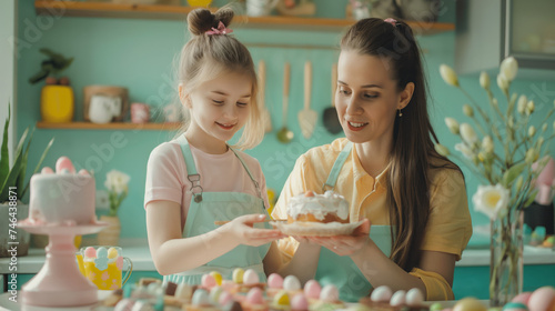Mum and daughter in the kitchen preparing for the Easter holiday make Easter cake and paint eggs