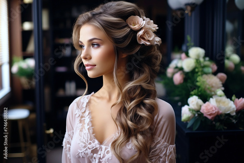 beautiful woman bride with a bridal hairstyle with flowers in hair on the wedding day