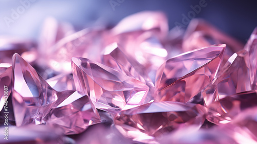Background with pink crystals. Pink glass crystals with reflections of light. Abstract background with bokeh effect. AI generative