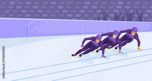 People ice skating at closed rink arena on short track distance. Winter olympic sport, sportsmen ride using skates. Competition and performance concept. Healthy lifestyle. Vector illustration
