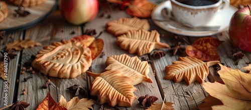 A wooden table is intricately decorated with autumn leaves, alongside a cup of steaming hot coffee. Within this cozy setting, there are also cookies shaped like autumn leaves and delicious apple tarts