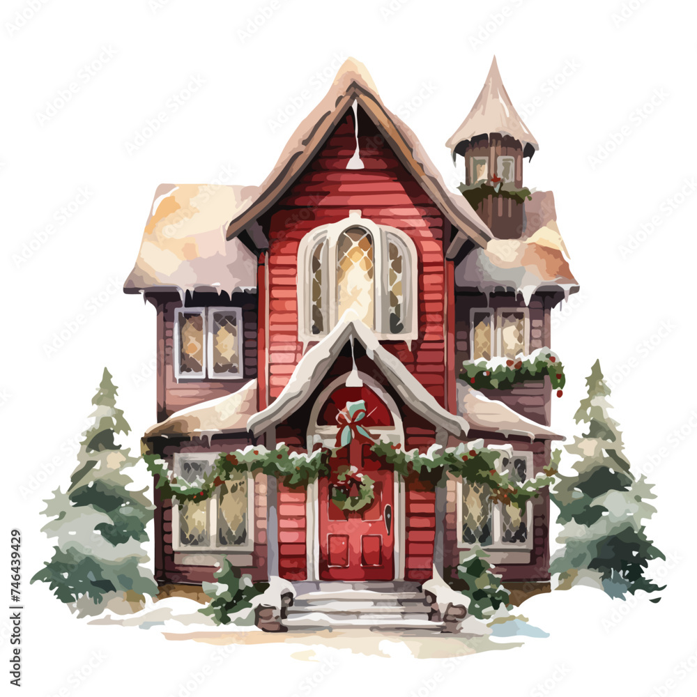 Christmas Burgundy Santa House Watercolor Clipart  