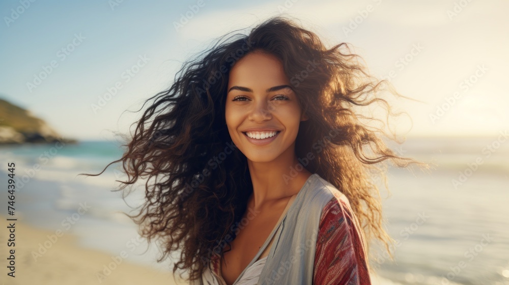 Portrait of a happy Smiling mixed-race Woman with curly flying hair standing on the beach and looking at the camera against the background of the Sea and the Blue Sky. Travel, Summer, Vacation concept