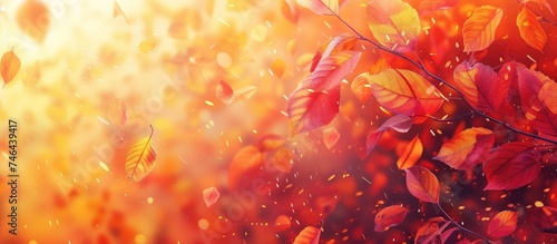 A painting showcasing vibrant autumn leaves illuminated by sunlight  creating a captivating and colorful scene. The leaves are depicted in various hues and sizes  capturing their beauty as they bask
