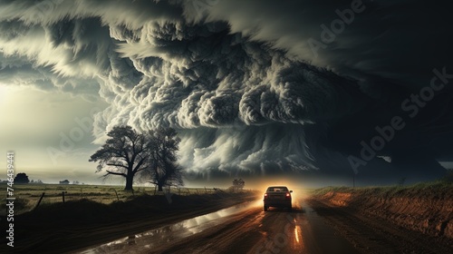 Dramatic stormy weather with a powerful tornado and lightning, capturing the intensity of nature's forces