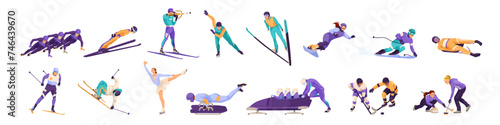 Set of various winter sport activity, people doing ice skating, bobsleigh, hockey, biathlon, snowboarding, freeride, donwhill racing. Isolated on white background . Vector illustration