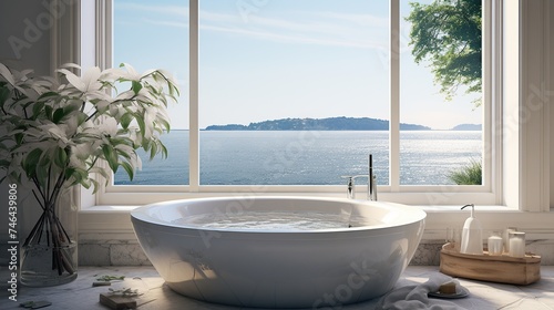 Sea view from circle window with bathtub Generative AI © Dzikir