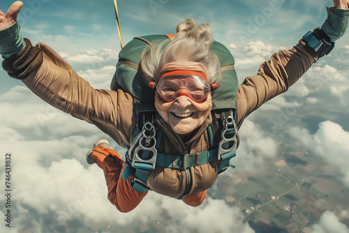 An old, elderly woman jumps from the parachute of an aeroplane and laughs with joy jolly old age