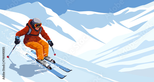 Man wearing warm sport suit and goggles skiing downhill. Picturesque landscape view. Snowy mountain in the background. Winter resort ski outdoor activity. Healthy lifestyle. Vector illustration